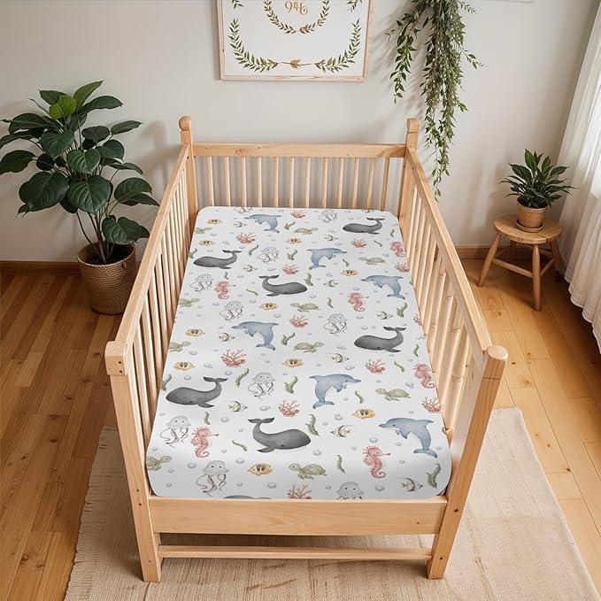 Watercolor Sea Animals Baby Crib Sheets for Boy Girl 28"x52" Whale Dolphin Turtle Jellyfish Coral Soft Snug Fitted Crib Mattress Cover Ocean Marine Baby Sheet for Standard Crib & Toddler Bed Mattress
