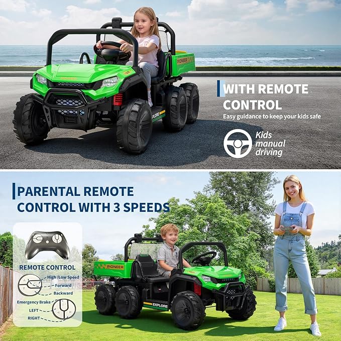24V 4WD Electric Dump Truck for Kids, 2 Seater Remote Control Ride On Car with Dump Bed, All Terrain Vehicle Toy for Boys & Girls 3-8 Years Old, Green