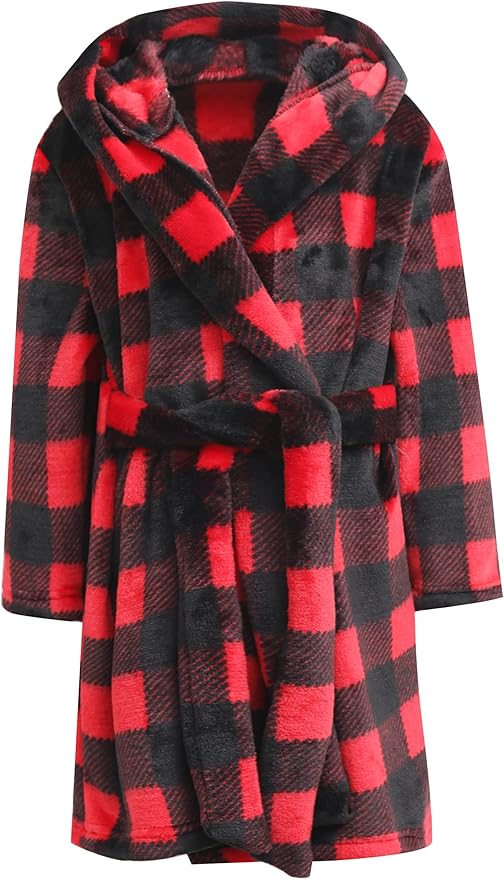 Umeyda Boys Girls Robes, Soft Fuzzy Fleece Hooded Bathrobes with Belt and Pockets for Kids, 1-18 Year