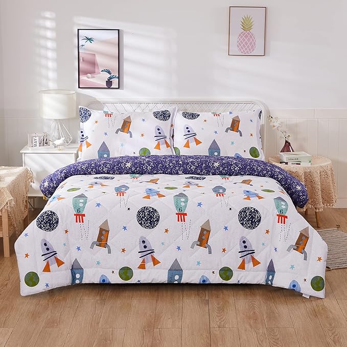 Brandream Kids Bedding Set Twin Size Space Boy Girl Cotton Comforter Set Space Rocket Galaxy Bedroom 3-Piece