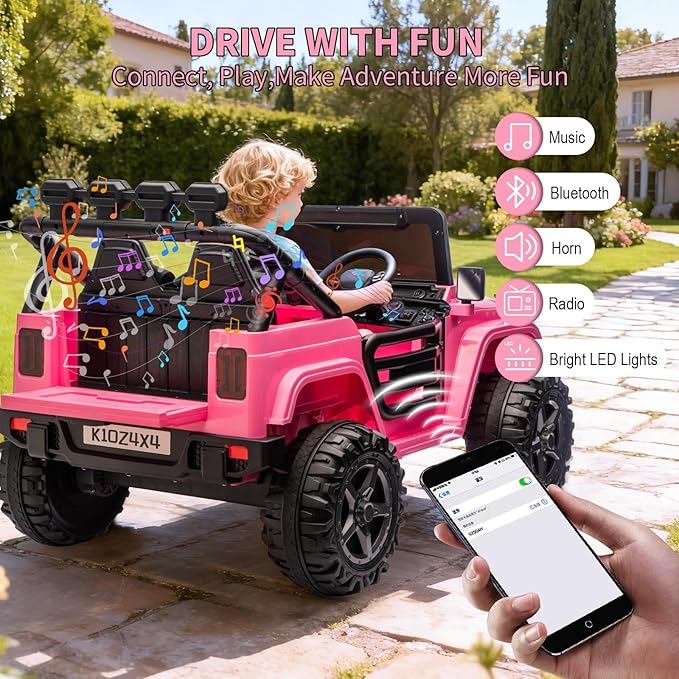24V Ride on Toys for Big Kids, 2 Seater Ride on Cars with Remote Control, Ride on Truck w/ 4-Wheeler Suspension, 3 Speeds, Led Lights, Bluetooth Music Player