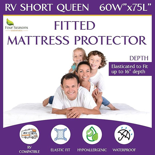 RV Short Queen Mattress Protector – Mattress Cover for 60"x75" Bed - 100% Waterproof, Noiseless, Hypoallergenic Fitted Sheet Mattress Protector for Camper