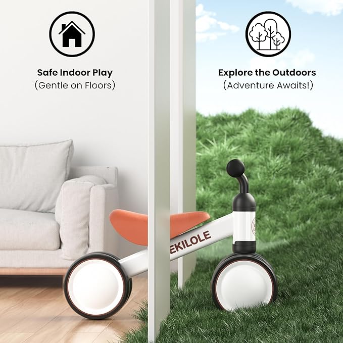 BEKILOLE Baby Balance Bike with Light Up Wheels | Toys for 1 Year Old Boy | 1st Birthday Gift for One Year Old Boy & Girl | 12-36 Month Toddler Bike - White & Brown