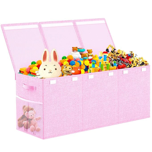 Beadsky Extra Large Toy Box Toddlers Chest with Lids, Collapsible Sturdy Toy Storage Organizer, Kids Bin Boxes Storage Basket for Boys, Girls, Nursery, Living Room, Playroom, 40"x14"x16" (Pink)