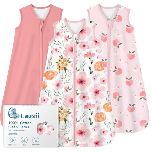Looxii Baby Sleep Sack 0.5 TOG, 100% Cotton 3 Pack Wearable Blanket Baby Sleep Bag for Newborn Infant, 2-Way Zipper Lightweight Toddler Sleeping Sack 18-24 Months