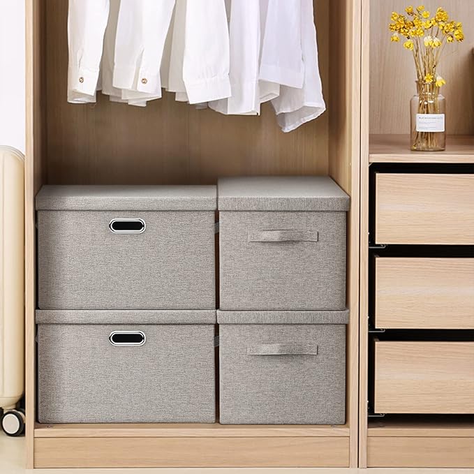 Graciadeco Large 17" 36 Quart Collapsible Stackable Storage Bins with Lids, 5 Packs Beige Linen Fabric Closet Boxes with Lids, Storage Cube Baskets Container Organizers for Bedroom Office(17 x12 x11)