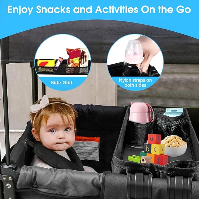 Stroller Snack Tray 20.5x9.3 Inch Snack Tray with Side Mesh Pocket and Cup Holders, Double Sided Bottom Padding Wagon Stroller Accessories Wagon Accessories