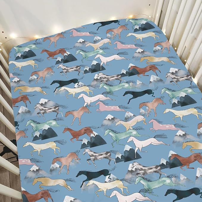 Boho Horses Mountains Baby Crib Sheets for Boy Girl 28"x52" Wild Horses Blossom Soft Snug Fitted Crib Mattress Covers Horse Lovers Nursery Baby Sheet for Standard Crib & Toddler Bed Mattress Blue