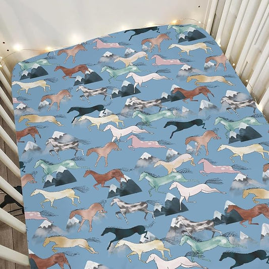 Boho Horses Mountains Baby Crib Sheets for Boy Girl 28"x52" Wild Horses Blossom Soft Snug Fitted Crib Mattress Covers Horse Lovers Nursery Baby Sheet for Standard Crib & Toddler Bed Mattress Blue