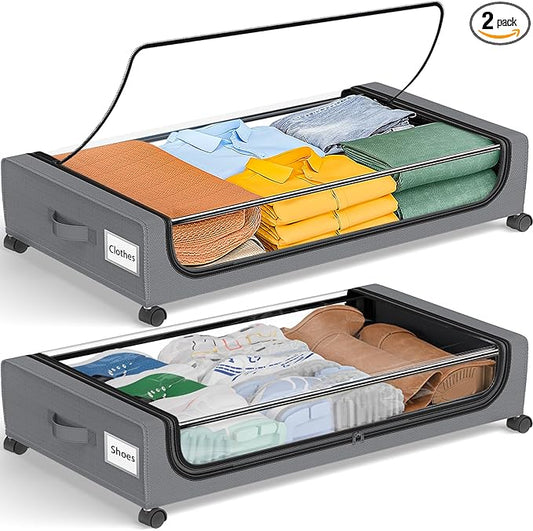 GoMaihe Under Bed Storage with Wheels: XXL Underbed Storage Containers with Lids - Rolling Bins for Shoes Clothes in Dorm Bedroom - Metal Drawers Easy Pull-out Grey 2-Pack