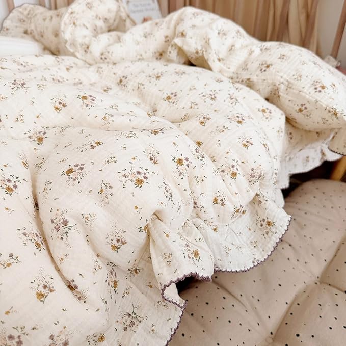 BuLuTu Full Duvet Cover 100% Cotton Muslin Duvet Covers Soft Breathable Comforter Cover Kids Girls Women Vintage Floral Bedding Quilt Cover with Ruffles, 79"x90", No Comforter