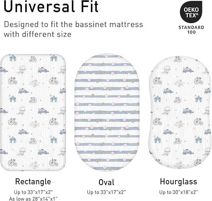 Muslin Bassinet Fitted Sheets, 2 Pack for Baby Boy and Girl, Soft Breathable Baby Pad/Mattress Sheet, Fit for Hourglass Oval and Rectangle Bassinet Mattress (Cute Cars)