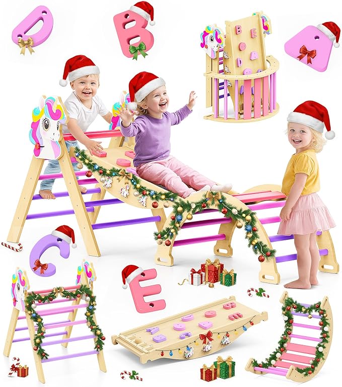 Pikler Triangle Set, 11-in-1 Montessori Climbing Toy for Toddlers, Foldable Wooden Indoor Jungle Gym & Playground Climber for Learning and Motor Skills (18 Months–7 Years)