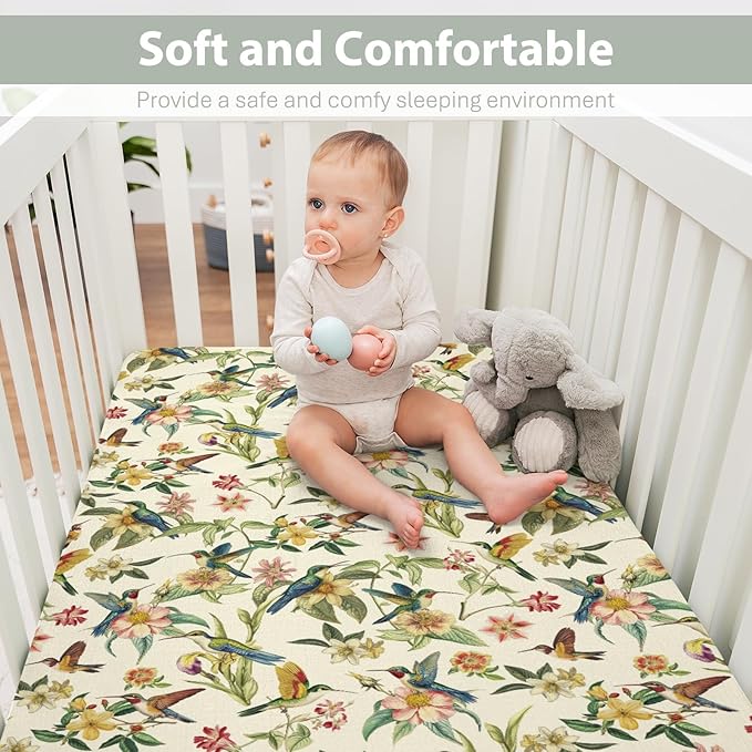 Vintage Hummingbirds Flowers Baby Crib Sheets for Boy Girl 28"x52" Spring Birds Colorful Floral Leaves Soft Snug Fitted Crib Mattress Cover Garden Baby Sheet for Standard Crib & Toddler Bed Mattress