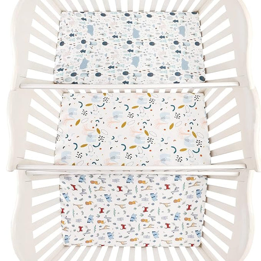 Onacosht Pack and Play Sheets 3 Pack for Baby Boy, Stretchy Jersey Knitted Portable Mini Crib Sheets Playard Mattress Cover, Woodland Animal Elephant Fox Lion Bear Giraffe Zebra Printing