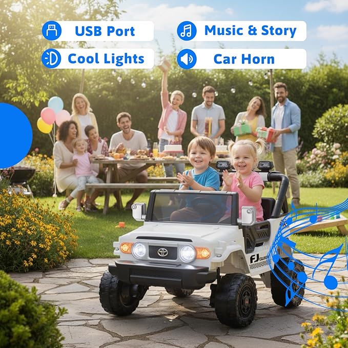 24V Ride on Toys for Kids, Licensed Toyota FJ, 2 Seater Ride on Car with Remote Control, Electric Car w/ 4-Wheeler Suspension, Led Light, Music, USB, Electric Vehicle for Age 3-8, White