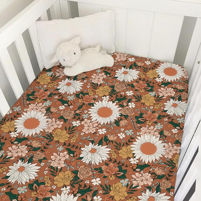 Retro Spring Wildflowers Baby Crib Sheets 52''x28'' Watercolor Floral Leaf Summer Boho Stretchy Fitted Crib Mattress Sheet for Boy Girl Botanical Soft Nursery Sheet for Standard Crib Toddler Mattress