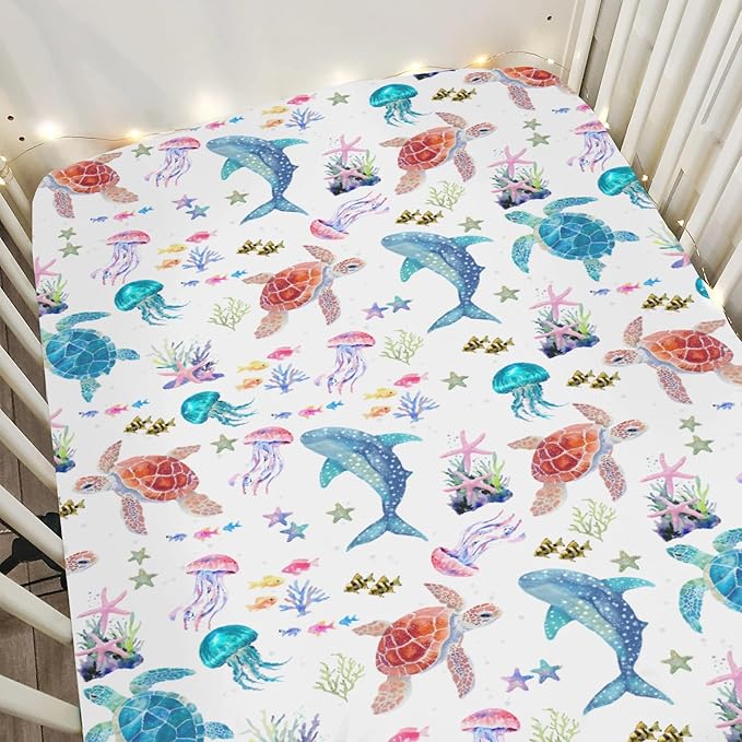 Fantasy Sea Animals Baby Crib Sheets for Boy Girl 28"x52" Turtle Whale Jellyfish Corals Soft Stretchy Fitted Crib Mattress Covers Nautical Marine Baby Sheet for Standard Crib & Toddler Bed Mattress