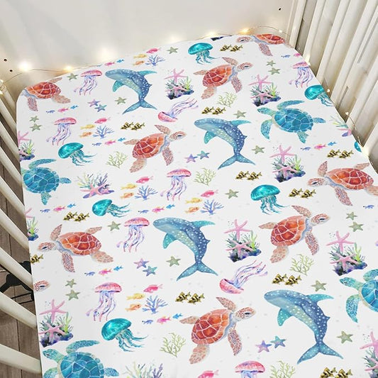 Fantasy Sea Animals Baby Crib Sheets for Boy Girl 28"x52" Turtle Whale Jellyfish Corals Soft Stretchy Fitted Crib Mattress Covers Nautical Marine Baby Sheet for Standard Crib & Toddler Bed Mattress