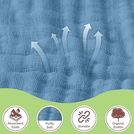 Organic Cotton Muslin Baby Hooded Towels - 32x32 Inch, 2 Pack Newborn Bath Towels for Boys & Girls, Soft & Absorbent Bath Set (Deep Blue/Aquarius)