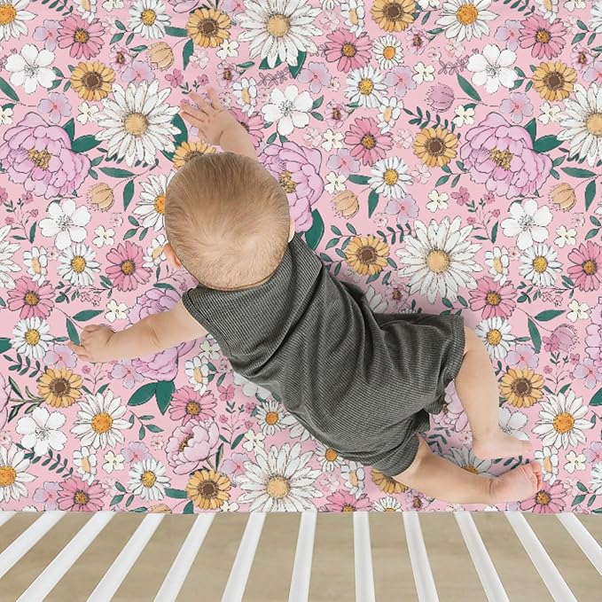 Spring Boho Floral Baby Crib Sheets for Boy Girl 28"x52" Neutral Pink Flowers Leaves Soft Stretchy Fitted Crib Mattress Cover Pastel Peony Daisy Nursery Baby Sheet for Crib & Toddler Bed Mattresses