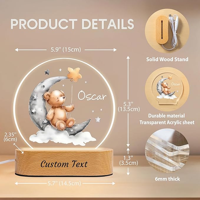 IOUMAM Personalized Baby Gifts Night Light, Custom Name LED Lamp for Kids, Cute Teddy Bear Acrylic Plaque Lamp for Children's Room Nursery Decor, Perfect Baby Shower Christmas Gifts for Boys Girls