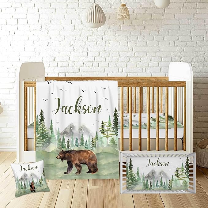 Custom Name Baby Crib Bedding Set – Personalized 3-Piece Nursery Set for Boys, Includes Soft Blanket, Fitted Sheet & Pillowcase – Woodland Bear Baby Bedding Gift for Newborn & Toddler