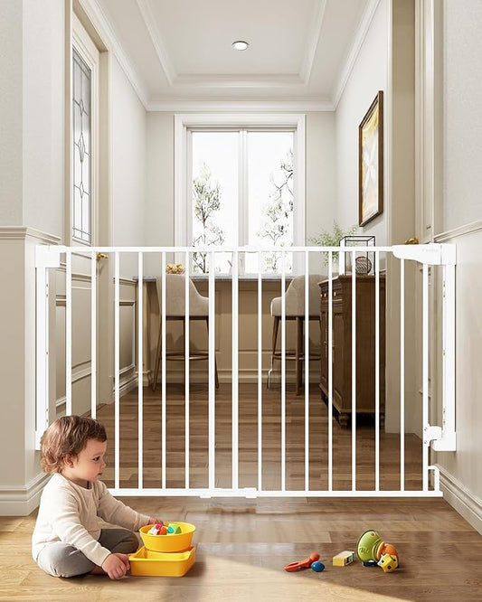 Cumbor Expandable 31.6-48" Baby Gate for Stairs, Wall-Mounted, 2-in-1 No Bottom Bar Dog Gate Indoor, Auto Close Pet Gate for Doorways with Large Walk Thru Door, Child-Proof Gate for Kids (White)