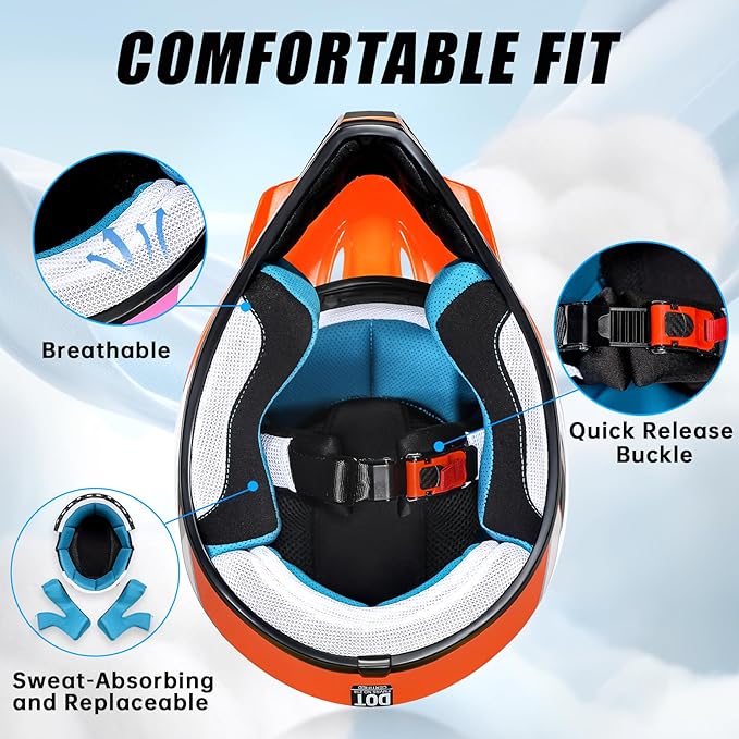 Youth Dirt Bike Helmet DOT Certified - Full Face Motorcycle Helmet for Off-Road, ATV, Street Riding, Includes Adjustable Goggles & Protective Gloves