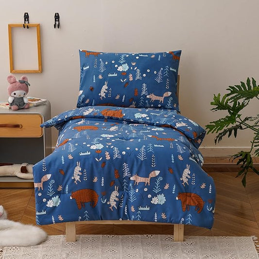 KAREVER Cartoon Toddler Bedding Set Bear Fox 4 Pieces Crib Bed Set Kids Navy Blue Animal Print Comforter Set