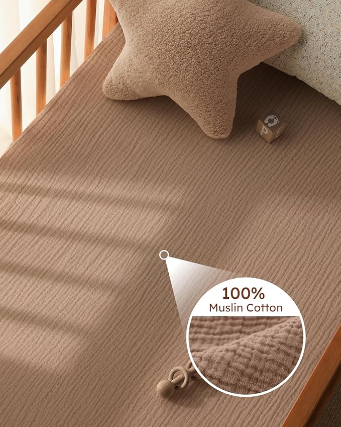 Muslin Pack and Play Sheets Fitted, 100% Cotton Mini Crib Sheets 2 Pack for Pack N Play Mattress, Stretchy Playard Sheet, Soft and Breathable Beige & Brown