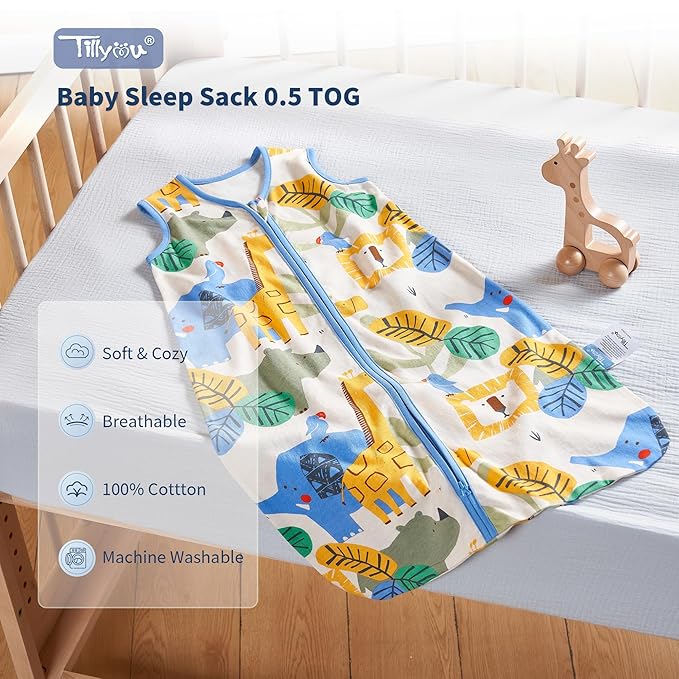 TILLYOU 2 Pack Baby Sleep Sack 6-12 Months 100% Cotton Wearable Blanket 0.5 TOG Sleeveless Summer Sleep Sacks with 2-Way Zipper, Animal Geometry & Blue