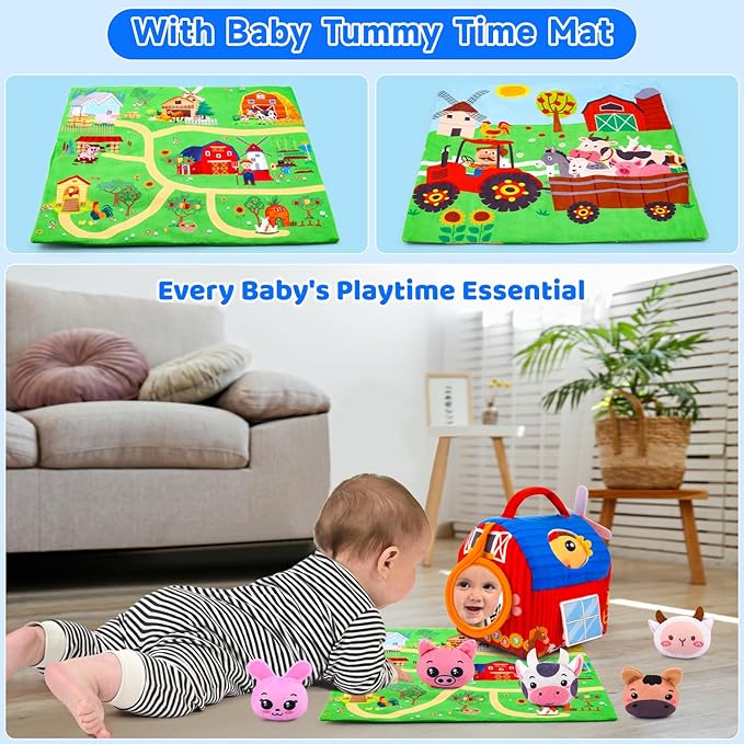 Baby Toys 6-12 Months - Soft Barn with Stuffed Farm Animals, Rattles, Textures, Mirror, Play mat - Toddler Toys Sensory Toy Montessori Toy for Babies 6-12 Months, 1 Year Old Boys Girls Baby Gifts