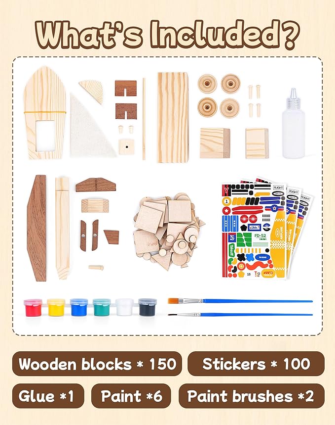 Wooden Build Paint Art Crafts Kit, Make Your Own Car Boat & Plane DIY Craft Toys for Kids Boys, STEM Educational Toy Set