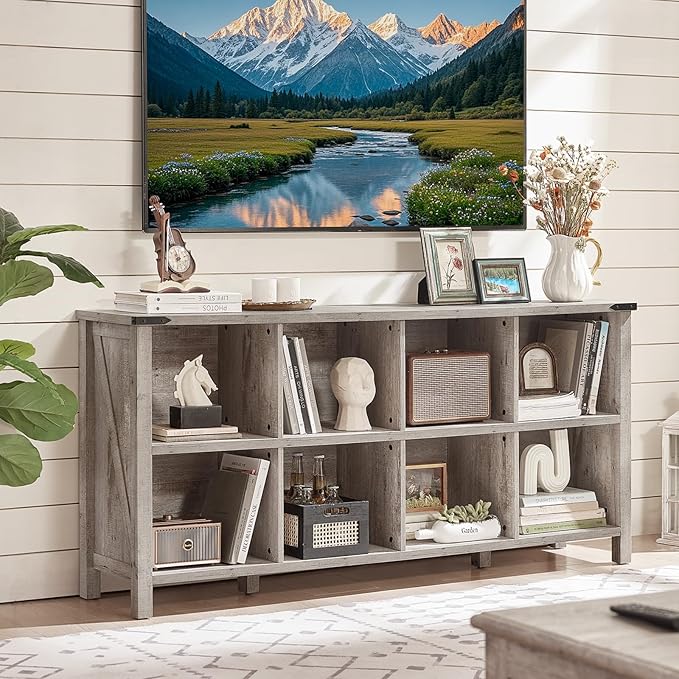 Joaxswe 8 Cube Book Shelf, Farmhouse Wood Long Storage Organizer Bookcase, 62" Horizontal Grey Oak Console Closet Bookshelf, Hallway TV Stand for Entryway, Display Cabinet Book Case for Living Room