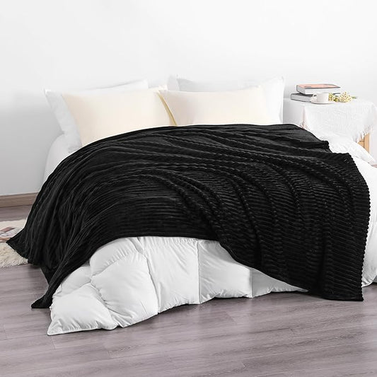 NTBAY Plush Flannel Twin Bed Blanket, 60X80 Inches Soft and Warm Lightweight Blanket with Striped Texture Bed Blanket for Couch Sofa Bed All Seasons, 60"x80", Black