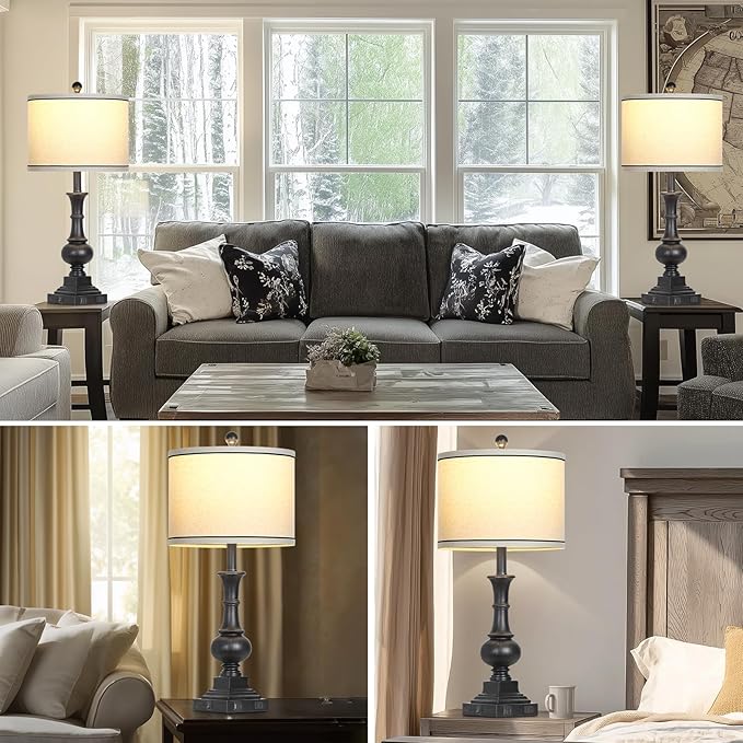 luxeflow Farmhouse Table Lamps Set of 2, Vintage Bedside Lamps with USB A+C Charging Ports & AC Outlet, 26" Rustic Nightstand Lamp for Living Room Bedroom End Table Wash Black(2 LED Bulbs Included)