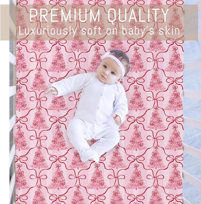 Preppy Pink Trees Bows Christmas Baby Crib Sheets for Girls Pink Christmas Trees Ribbon Soft Snug Fitted Crib Mattress Covers for 52''x28'' Standard Crib & Toddler Mattress Holiday Winter Baby Sheets