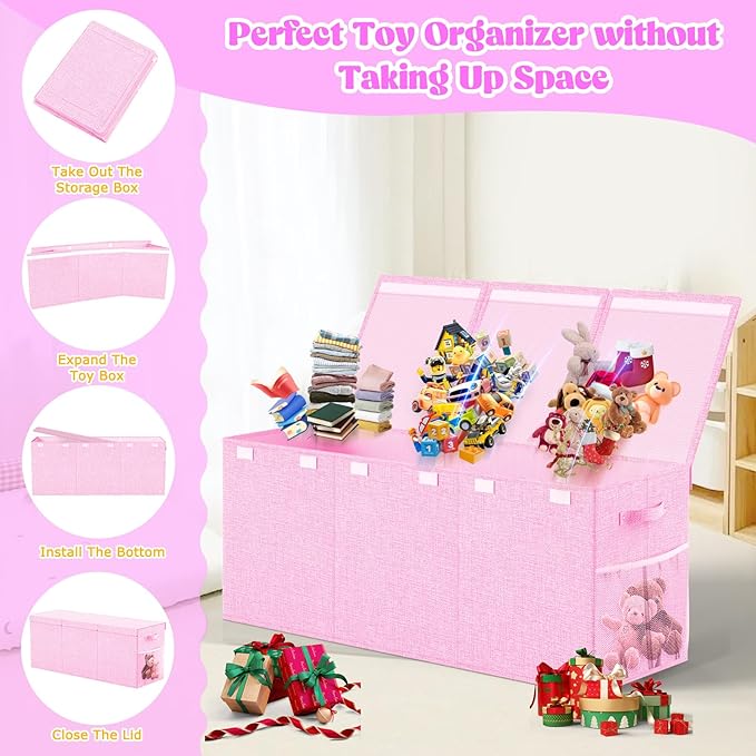 Beadsky Extra Large Toy Box Toddlers Chest with Lids, Collapsible Sturdy Toy Storage Organizer, Kids Bin Boxes Storage Basket for Boys, Girls, Nursery, Living Room, Playroom, 40"x14"x16" (Pink)