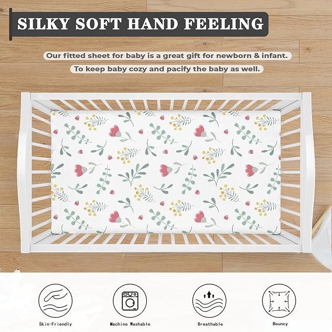 Floral Pattern Flowers and Leaves Fitted Crib Sheet Tulip Flower Baby Crib Sheet Fit Standard Crib and Toddler Mattress,Crib Mattress Sheets for Boys Girls 28"x52"