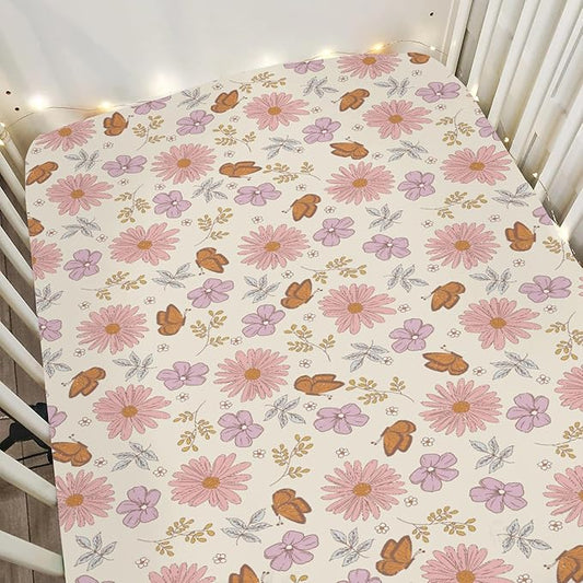Vintage Wildflowers Butterflies Baby Crib Sheets for Boy Girl 52x28Inch Retro Blossoms Leaves Soft Snug Fitted Crib Mattress Cover Spring Summer Floral Baby Sheet for Standard Crib & Toddler Mattress
