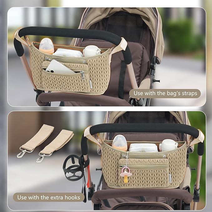 LUKJOJO Stroller Organizer - Stylish 3D Herringbone Quilting Nylon, Universal Fit, Detachable Bag, Adjustable Multi-Storage for Baby Essentials
