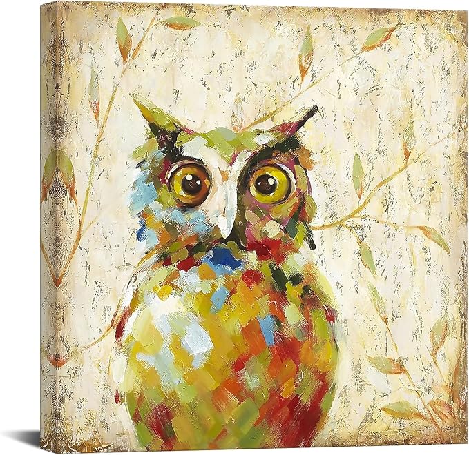 Cute Owl Canvas Wall Art Funny Animal Pictures Artwork Vintage Bird Poster Prints for Living Room Bedroom Kid's Room Decoration Modern Wall Decor Ready to Hang