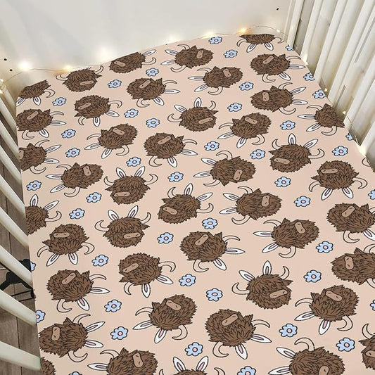 Highland Cow Easter Bunny Ears Baby Crib Sheets for Boy Girl 52x28Inch Western Cows Easter Bunnies Soft Stretchy Fitted Crib Mattress Cover Cow Lover Baby Sheet for Standard Crib and Toddler Mattress