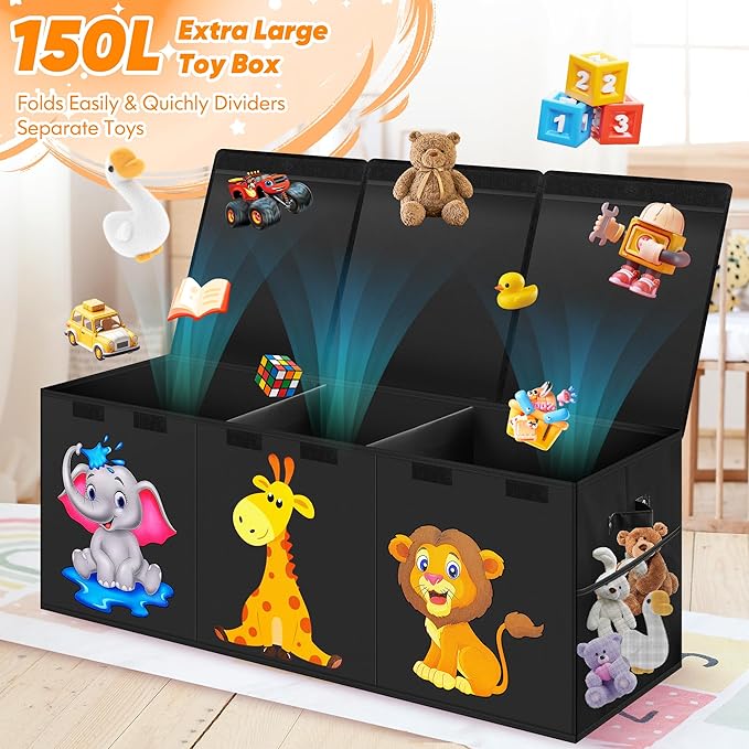 Mabahoo Extra Large Toy Box, Collapsible Storage Organizer with Lids, Cute Animals Toybox for Boys Girls, 40"x14"x16" Kids Toy Chest Sturdy Storage Boxes for Living Room Bedroom Playroom Nursery