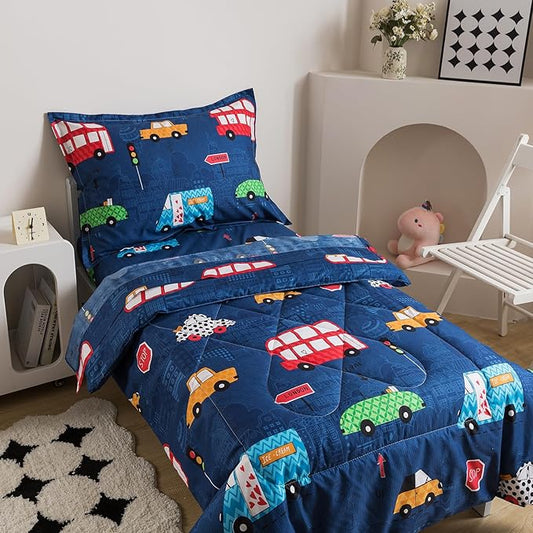 Caressma Twin Size 5 Pieces Comforter Set Bed-in-a-Bag,Soft Fabric Print Cars,Buses & Traffic Lights.Includes Comforter, Fitted Sheet, Flat Sheet, Pillow Case & Pillow Shame for Kids