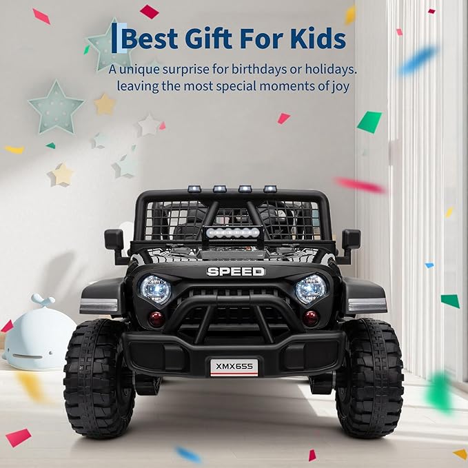 24V 2-Seater Kids Electric Truck with Parent Remote Control, 100Min Ride-on Car, 4WD Dual Motor, 2 Speeds, Spring Shock Absorber, LED Headlights, Siblings Gift Kids Electric Vehicle, Black