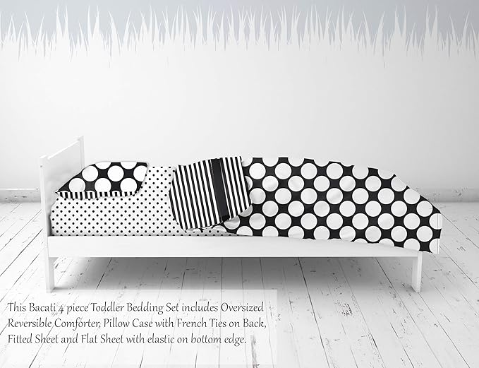 Bacati - Dots/pin Stripes Black/White 4 Pc Neutral Toddler Bedding Set 100 Percent Cotton Includes Reversible Comforter, Fitted Sheet, Top Sheet, and Pillow Case for Boys/Girls