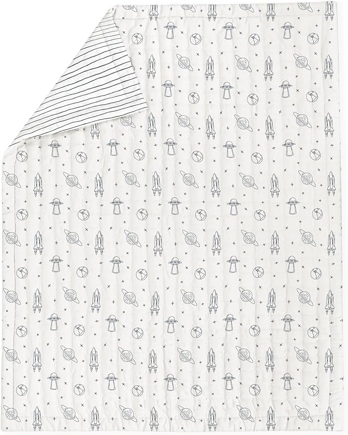 MakeMake Organics Organic Baby Blanket GOTS Certified Organic Comforter Cotton Infill Tufted - Reversible Ultra Soft Breathable (30"x40", Astronaut + Navy Stripes)