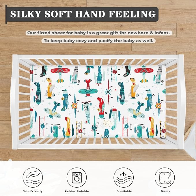 Airplane Fitted Crib Sheet for Boys Girls Cute Airplanes Baby Sheet for Standard Crib and Toddler Colorful Stars Clouds Nursery Bed Mattress Sheets 28"x52"